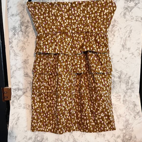 J Crew Size 4 Tiered Ruffled Strapless Summer Cotton Dress Green/Purple/Cream - Picture 2 of 9